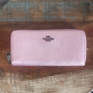 Coach Leather New York Pink Shimmer Long Zip Wallet Gun Metal